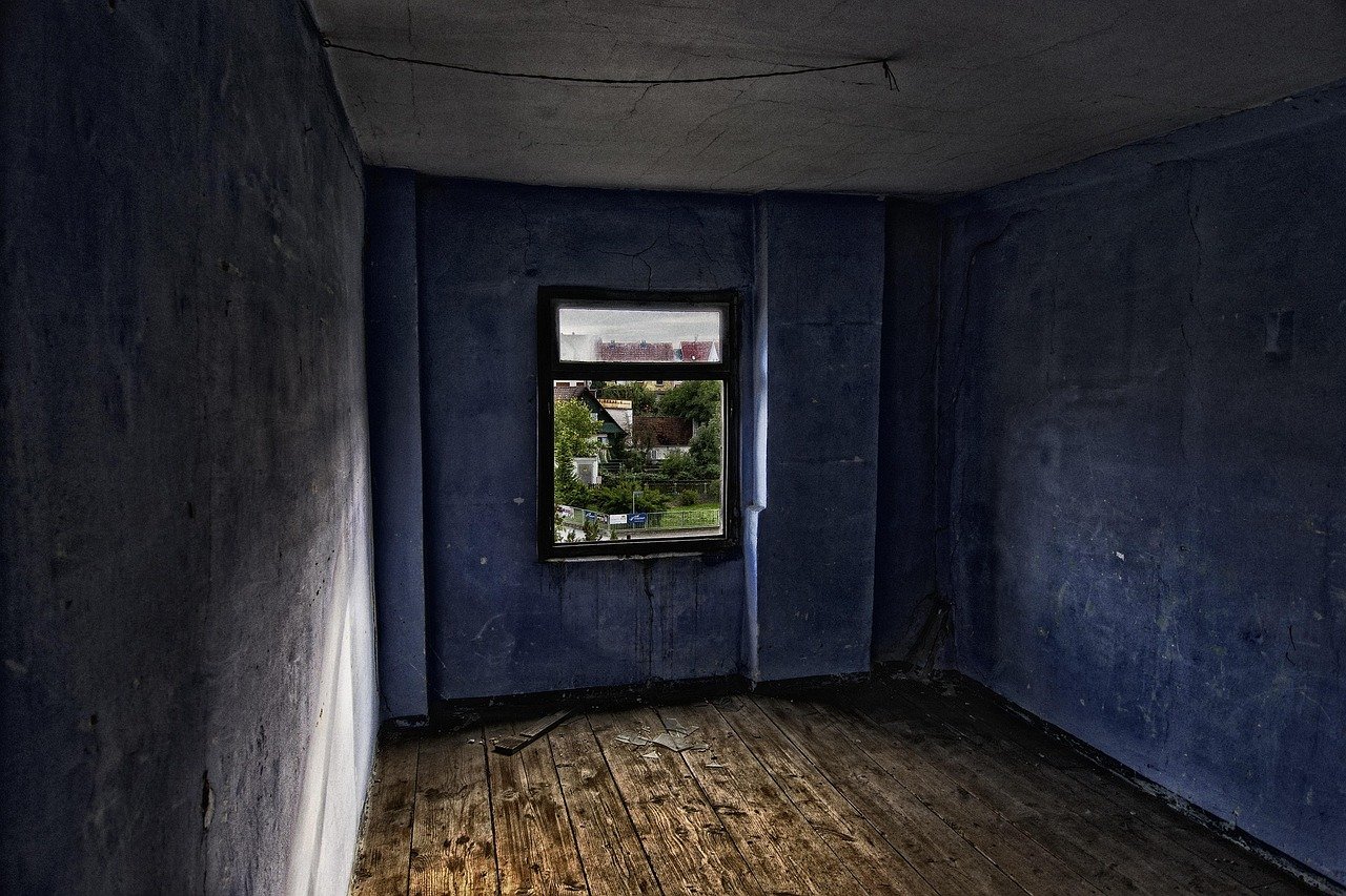Empty room with blue-painted walls, a bare wooden floor, and a single window looking out onto trees and houses