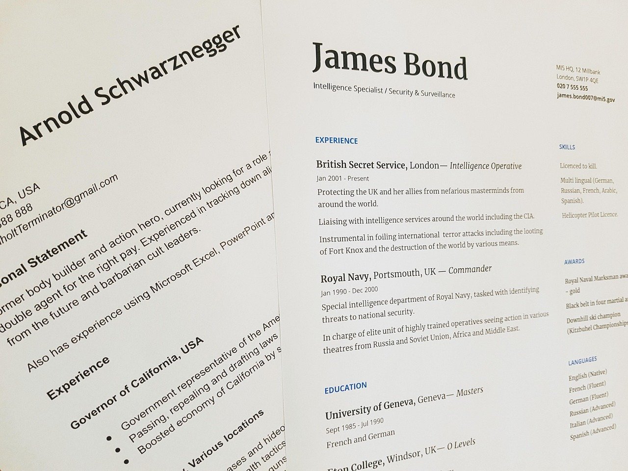 Two printed resume pages placed side by side on a light surface, with a main experience column on the right page and a narrow sidebar of skills and languages at its right edge