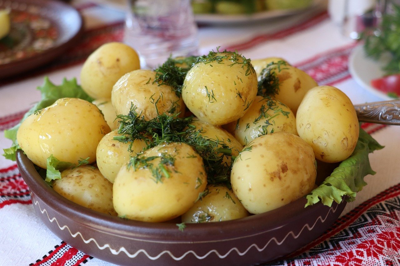 Boiled baby potatoes topped with fresh dill in a brown ceramic dish with a wavy white rim, set on a table with a red-and-white embroidered cloth
