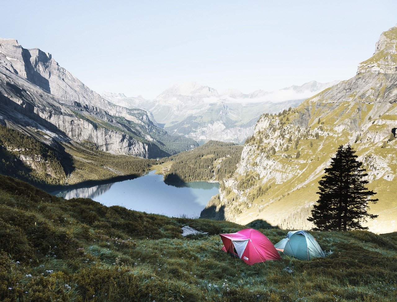 Two tents, one pink and one teal, pitched on a grassy slope above a calm lake between steep mountains