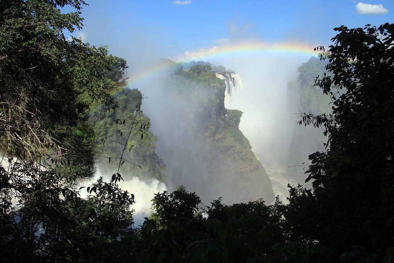 Victoria Falls seen through dark green trees, with a rainbow arcing over the mist and a rocky gorge rim in the distance