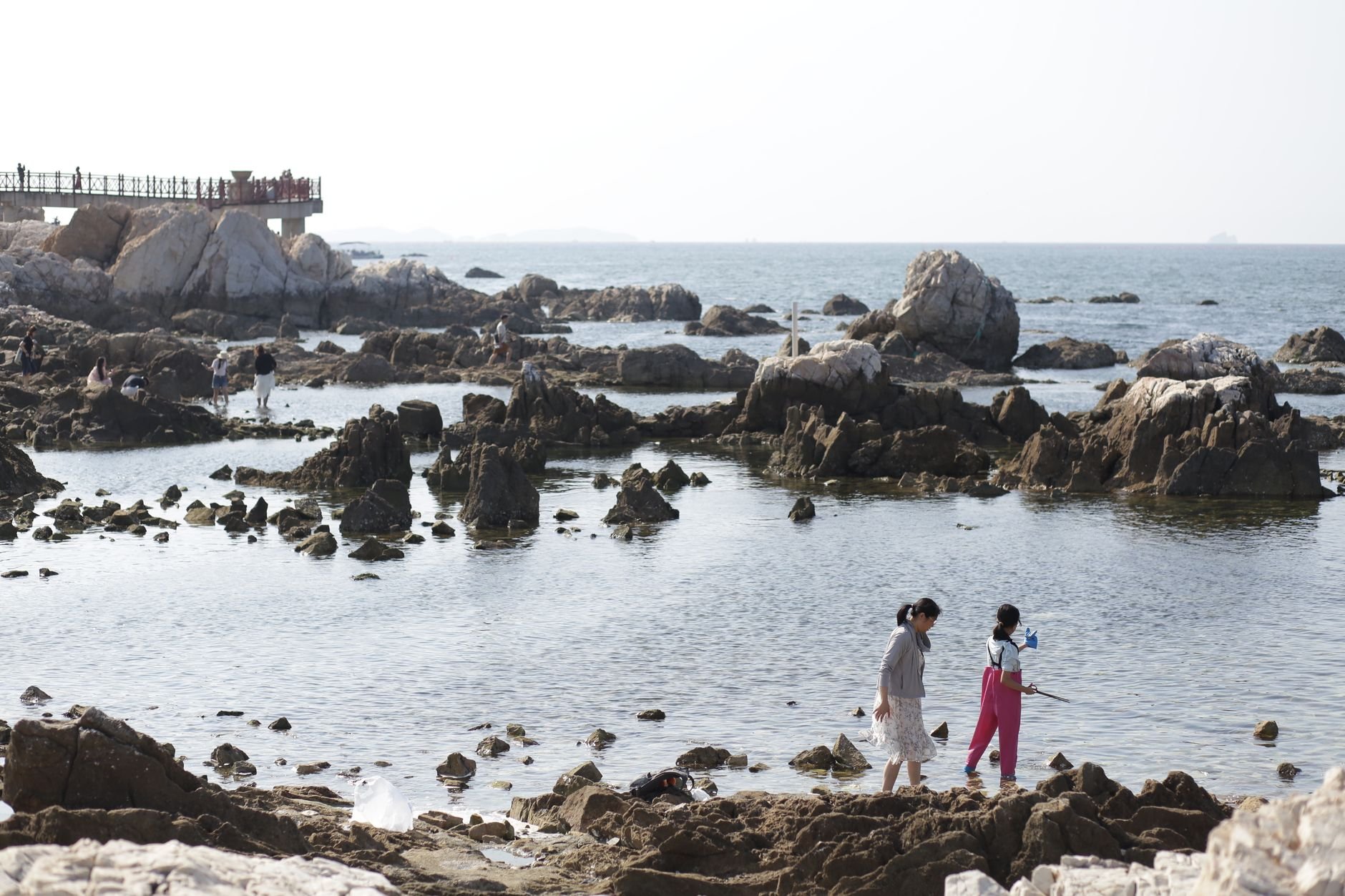 Two people walk across a rocky tidal area with shallow pools and dark rocks, toward a distant sea, with a railed viewing platform in the upper left